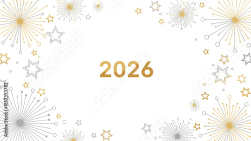 A festive Happy New Year social media post for 2026 with golden and silver starburst designs on a white background.