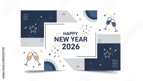 Happy New Year 2026 social media post with navy blue, grey, and white geometric shapes, confetti, and champagne bottles in a celebratory flat lay composition.