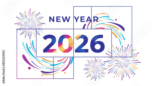 Happy New Year Social Media Post 2026 with colorful fireworks and vibrant lines on a white background, perfect for online celebrations.