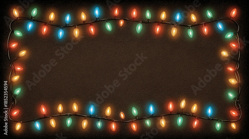 Colorful Christmas string lights on a dark background forming a rectangular frame.