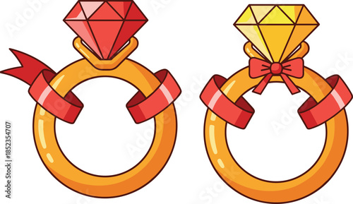 Cartoon diamond engagement rings illustration, gold wedding jewelry icons with red ribbon bow, romantic love proposal design set, isolated, vector
