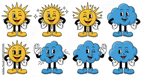 Retro cartoon sun and cloud characters set. Vintage rubber hose style mascots winking and waving vector illustration collection.