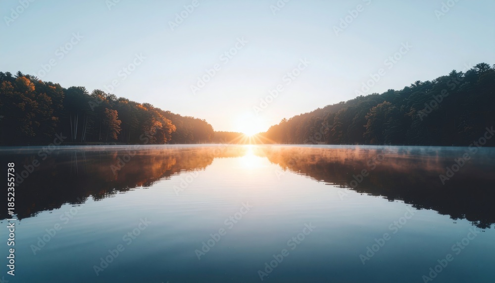 Obraz premium Serene lake at sunrise with trees reflected on calm water surface against clear blue sky.