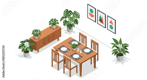 Isometric modern dining room interior vector illustration with wooden table, chairs, sideboard, and houseplants.