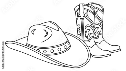 Western cowboy hat and boots illustration in line art style