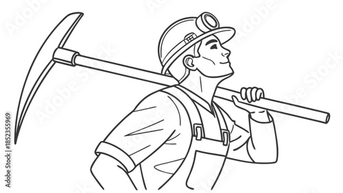 Miner with pickaxe looking up hopefully in mining gear