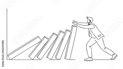 Businessman pushing dominoes, symbolizing leadership and strategy