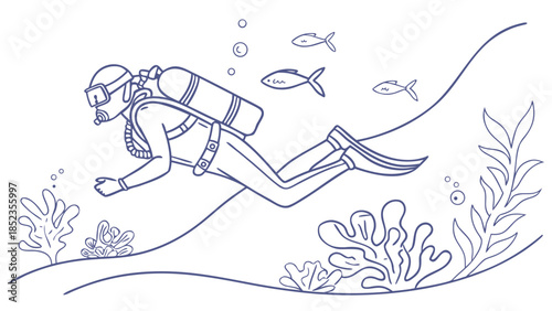 Scuba diver exploring vibrant underwater ocean landscape with coral and fish