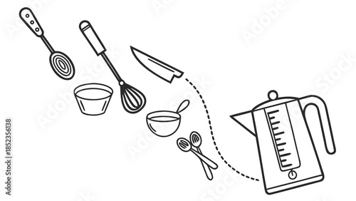 Black line art kitchen tools and coffee pouring into measuring jug