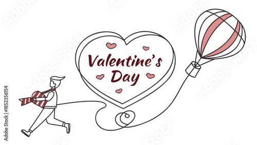 Man running with Valentine's Day heart and hot air balloon