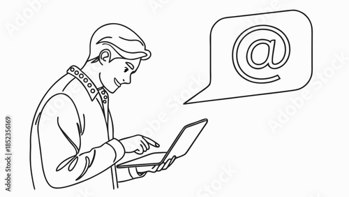 Man using laptop with email symbol in thought bubble