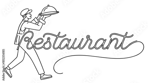 Waiter carrying covered dish in modern restaurant setting