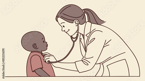 Female doctor examining a young boy with a stethoscope in a medical setting