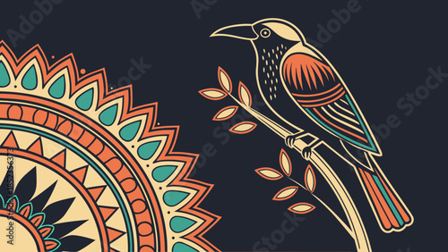 Vibrant bird perched on branch with stunning mandala design