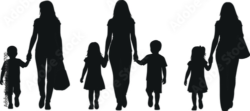 Mother and children silhouettes walking together holding hands, family care concept, parenting lifestyle, love, protection, unity on white background