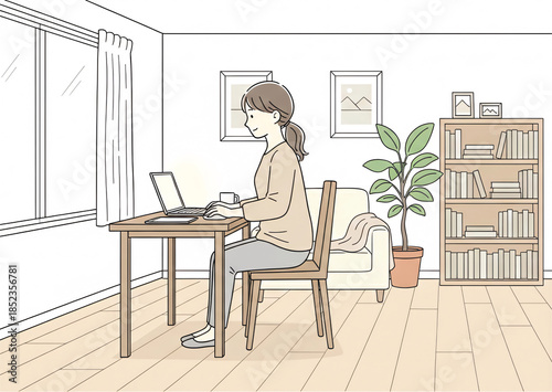 窓際のデスクでPC作業をする女性：リラックスした自宅でのリモートワーク