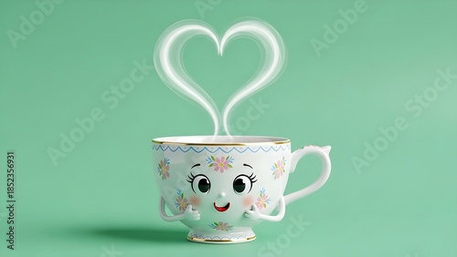 Cute animated teacup smiling with heart-shaped steam on a mint green background