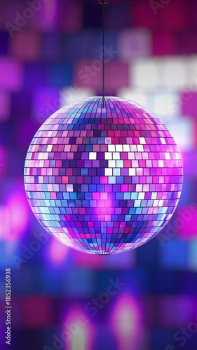 4k Resolution Vertical Video for Social Media: Nightlife And Party Entertainment Concept. Shiny Disco Mirror Ball Seamless Looped Animating And Glowing With Colorful Lights On Abstract Club Backgroun

