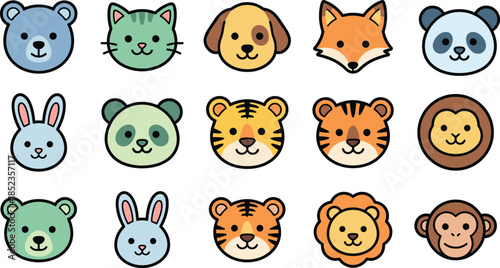 Cute animal face icon set with bear, cat, dog, fox, panda, rabbit, tiger, lion, monkey cartoon illustration