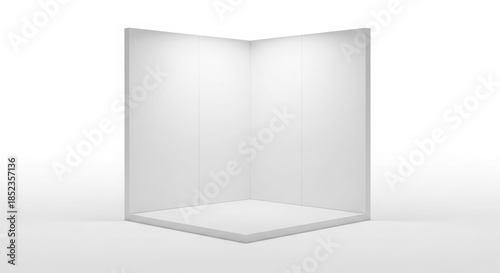 A minimalist, empty white corner display booth or exhibition stand with a clean background.