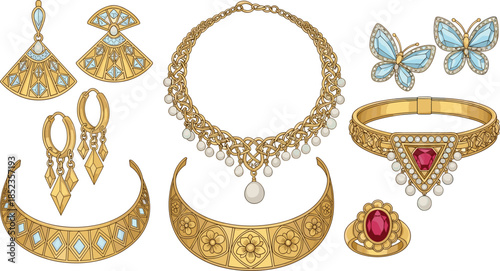 Luxury gold jewelry collection illustration, necklaces earrings bracelets rings, gemstone ornaments, traditional ornate accessories, elegant fashion design set