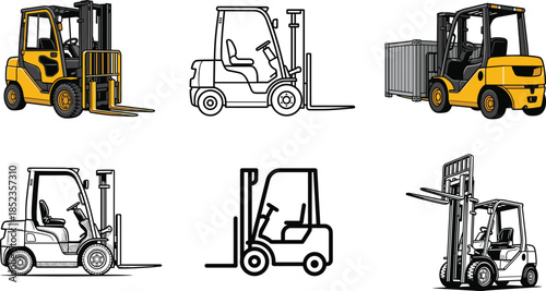 Forklift truck illustration set, warehouse and logistics vehicles, industrial lifting equipment icons, line art and colored vector collection