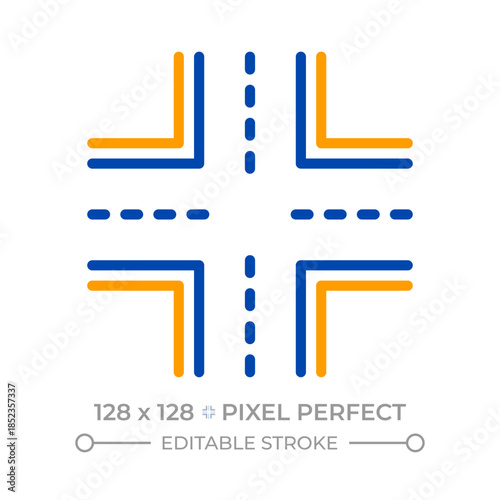 Intersection pixel perfect two color line icon. Two roads meet, cross and join at level. Change direction point bicolor outline symbol. Duotone linear pictogram. Isolated illustration. Editable stroke