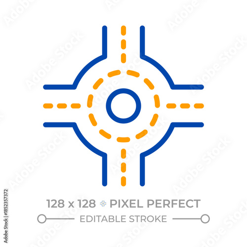 Roundabout pixel perfect two color line icon. Circular traffic junction with island inside. Road infrastructure bicolor outline symbol. Duotone linear pictogram. Isolated illustration. Editable stroke