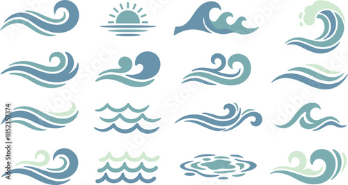 Minimal ocean wave icon set, abstract blue water symbols and sea patterns collection for coastal design, marine branding, nature illustration