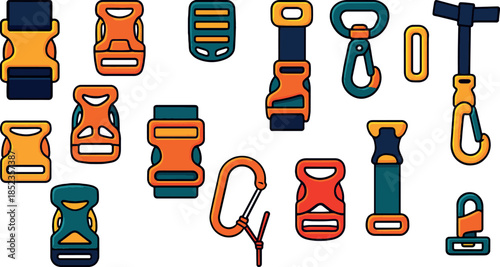 Camping Gear Buckles and Carabiners Icon Set, Flat Colorful Outdoor Clips and Fasteners Vector