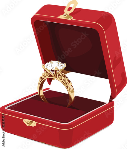 Luxury diamond engagement ring illustration, red velvet jewelry box, romantic marriage proposal concept, elegant gold gemstone accessory, isolated vector design