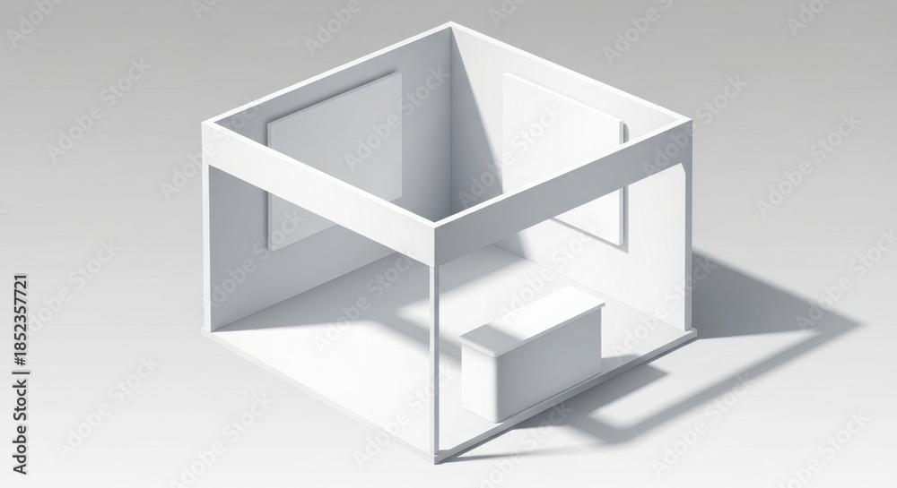 Fototapeta premium A minimalist white open-top cube structure with a counter and display areas, casting shadows on a light background, representing an exhibition booth design.