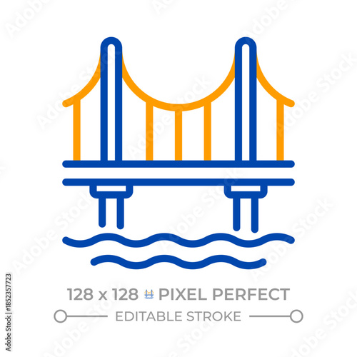 Bridge pixel perfect two color line icon. Overpass for vehicles over river. Road infrastructure, architecture bicolor outline symbol. Duotone linear pictogram. Isolated illustration. Editable stroke