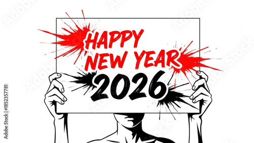 Person holding a sign that reads happy new year 2026 in bold red and black letters with red explosion effects on a white background