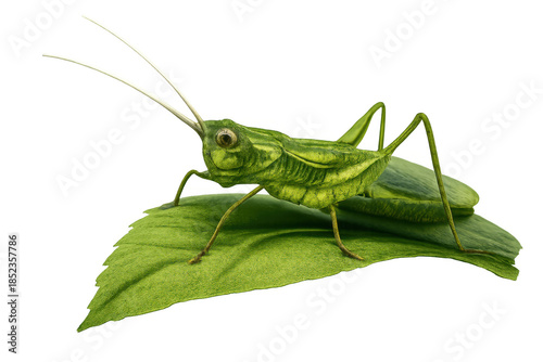 Grasshopper, an orthoptera insect, rests on a green leaf, displaying natural camouflage. Transparent background