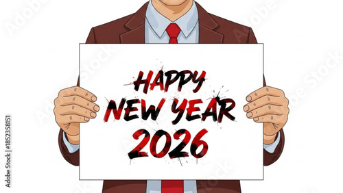 Man in business suit holding happy new year 2026 sign, celebrating celebration