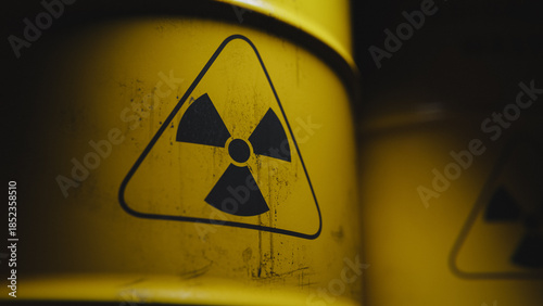 Radioactive symbol on yellow toxic waste barrel close-up. 3d rendering