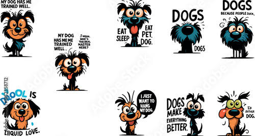 Funny cartoon dog characters set with cute expressions, playful poses and comic typography style art
