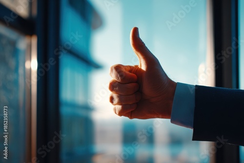 Hand shows thumbs up gesture in an office setting with bright light in the background