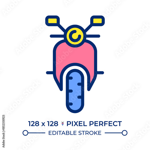 Motorcycle front view pixel perfect line color icon. Moto sport powerful vehicle. Two wheeled engine transport. Isolated vector illustration. Flat colorful symbol design. Editable stroke