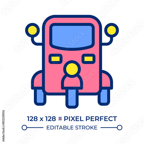 Tuk tuk pixel perfect line color icon. Auto rickshaw. Public transport in Southeast Asia. Taxi service. Transportation. Isolated vector illustration. Flat colorful symbol design. Editable stroke