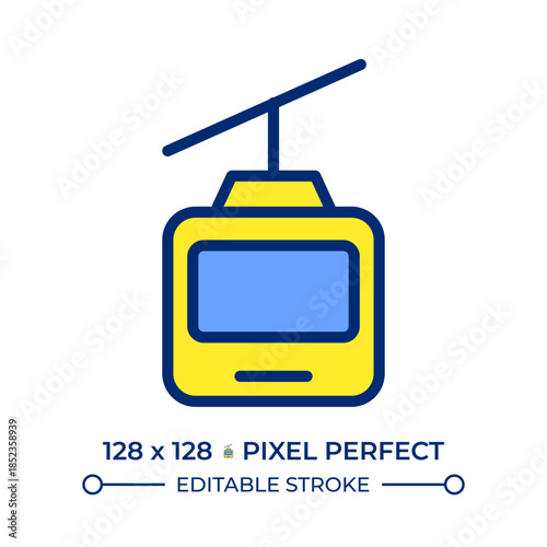 Cable car pixel perfect line color icon. Aerial tramway carrying passengers over ground. Safe gondola lift riding. Isolated vector illustration. Flat colorful symbol design. Editable stroke