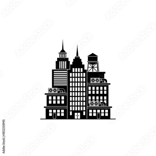 Flat black and white icon of a city building silhouette with rooftop details