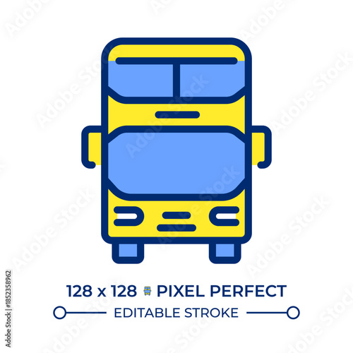 Double decker bus pixel perfect line color icon. Ideal public transport for crowded city. Passenger vehicle. Tourism. Isolated vector illustration. Flat colorful symbol design. Editable stroke