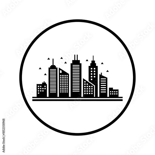 Flat black and white icon of a city skyline inside a circle frame
