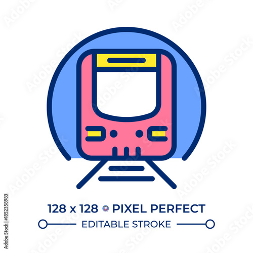 Metro pixel perfect line color icon. Train in subway tunnel. Railway passenger transport. Underground railroad. Isolated vector illustration. Flat colorful symbol design. Editable stroke