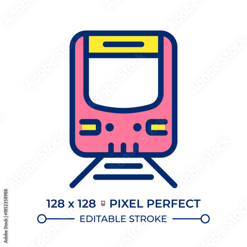 Train pixel perfect line color icon. Public vehicle driving along railway. Passengers and cargo transportation. Isolated vector illustration. Flat colorful symbol design. Editable stroke