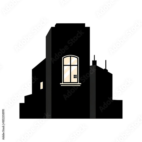 Flat black and white icon of a night city window with light on