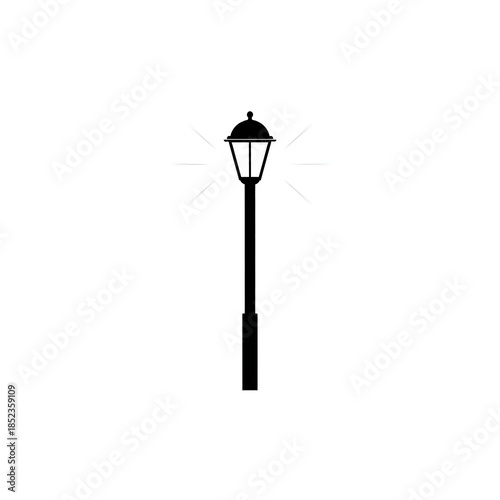 Flat black and white icon of a streetlamp with faint light rays
