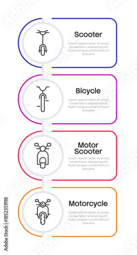 Two wheeled vehicles rounded vertical infographic 4 steps. Riding motor and human powered transports. Active hobby. Editable thin line icons diagram process. Lexend Montserrat font used